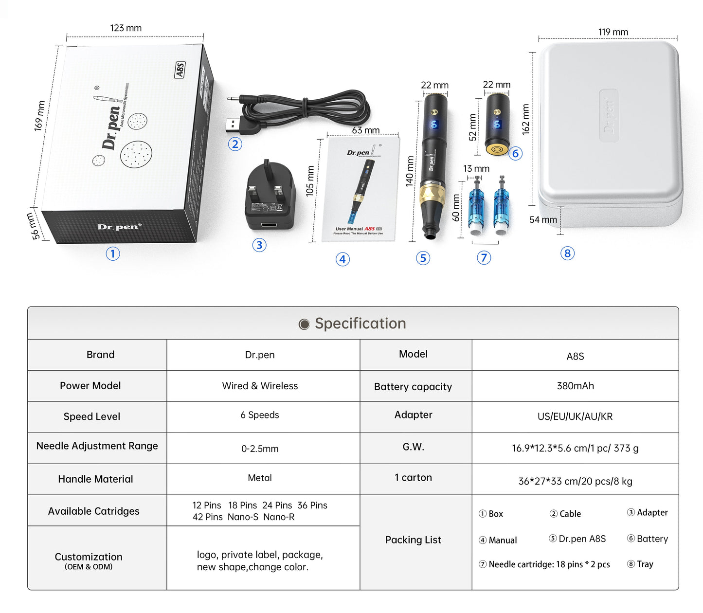 Dr. Pen A8S Ultima Pro Microneedling Pen With 20pcs Cartridges